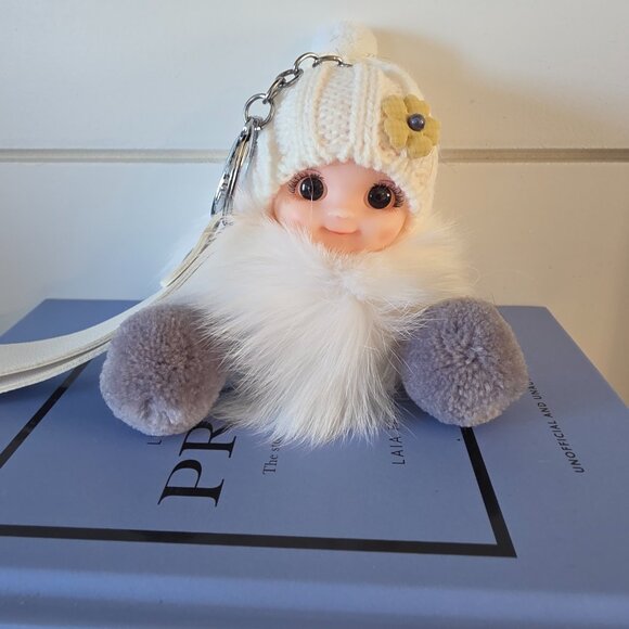 Cute Smiling Fur Baby Keychain with LOVE tag, Plush rabbit fur, Bag Charm - Picture 4 of 5